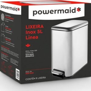 Powermaid Lixeira Inox Slim Com fechamento suave da Tampa - Soft Close - Retangular com Pedal em inox - para Cozinha Banheiro Apartamento - 5 Litros - Prata