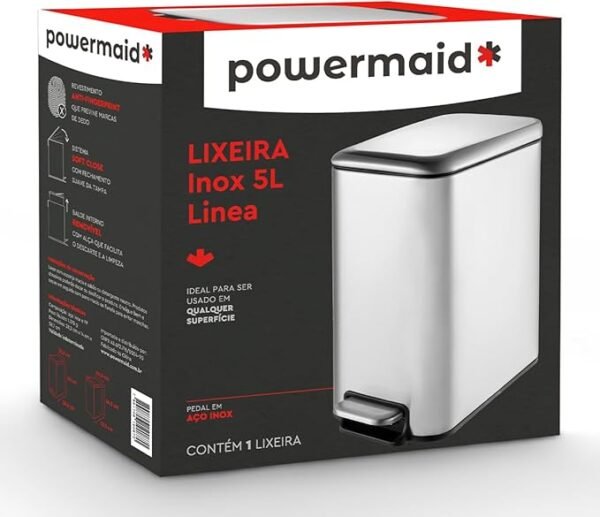 Powermaid Lixeira Inox Slim Com fechamento suave da Tampa - Soft Close - Retangular com Pedal em inox - para Cozinha Banheiro Apartamento - 5 Litros - Prata