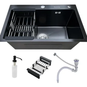 Cuba Pia Inox Preta Quadrada Cozinha Gourmet 60cm com Acessórios