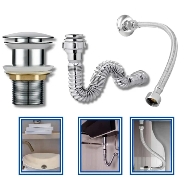 Kit Banheiro Sifão + Valvula Click + Engate 40cm Cromado Lux - Conjunto de Instalação cromado Inox
