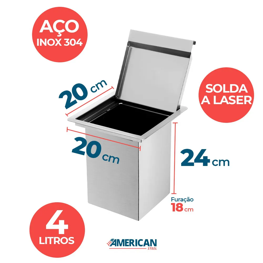 Lixeira Quadrada Pia Cozinha Embutir 4 L Inox 304 Não Enferruja - Imagem 2