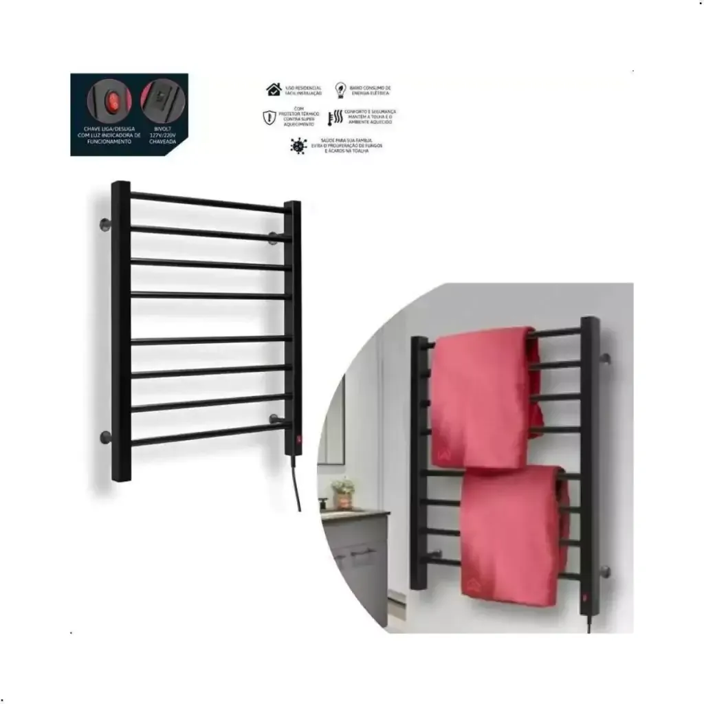 Toalheiro térmico elétrico aço carbono para 2 toalhas preto - Imagem 2