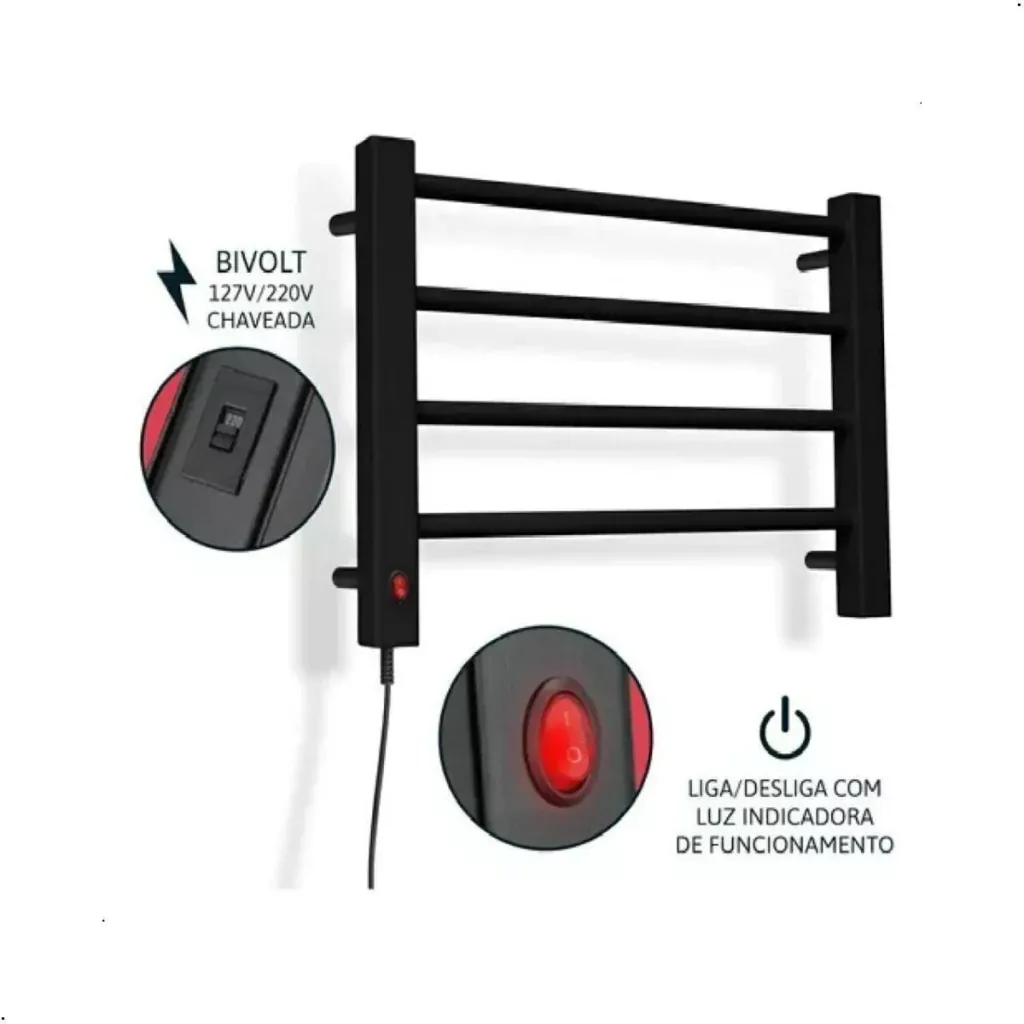 Toalheiro térmico elétrico aço carbono para 2 toalhas preto - Imagem 3